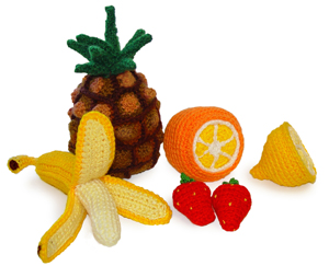 Вязаные фрукты - ананас, банан, лимон, апельсин, клубника