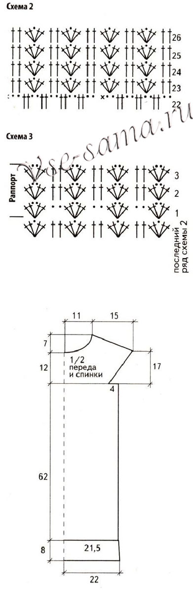 Схемы 2, 3 и выкройка для вязания бордового платья