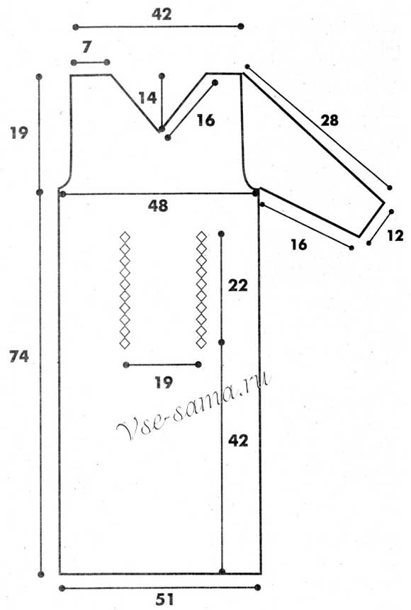 Выкройка для вязания синего платья с V-образным вырезом