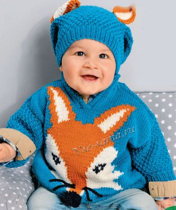 Бирюзовый пуловер с мотивом "лиса" и шапочка, фото
