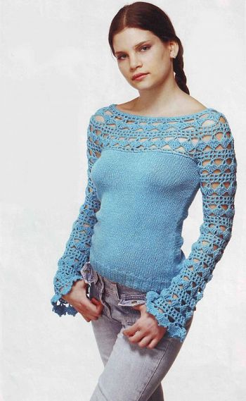 Пуловер с ажурной кокеткой