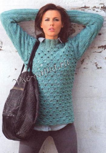 Кружевной пуловер крючком с рукавами, связанными резинкой