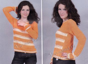 Оранжевый с белой отделкой пуловер, фото