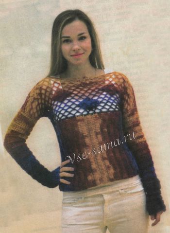 Яркий свитер с ажурной кокеткой, фото