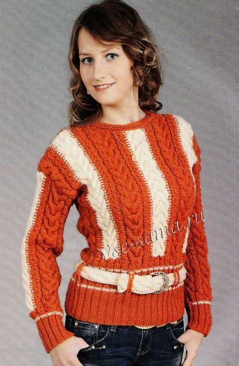 Пуловер с косами и поясом, фото