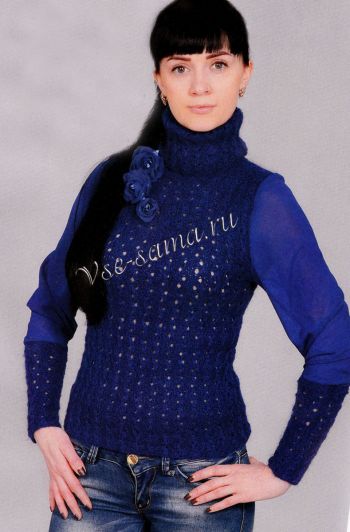 Пуловер синего цвета с шифоновыми рукавами, фото
