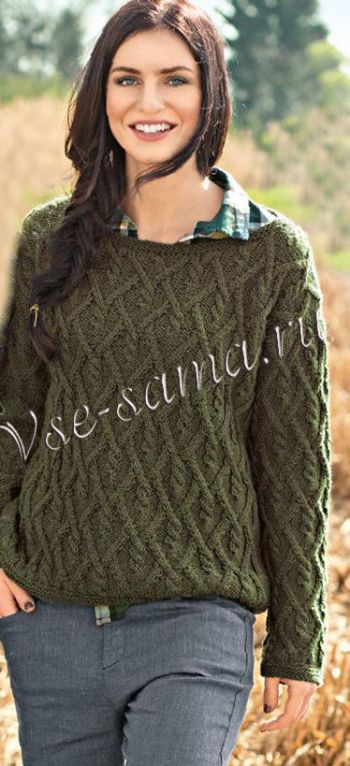 Пуловер с узором из кос серо-зеленого цвета, фото