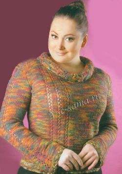 Меланжевый пуловер с ажурными полосами