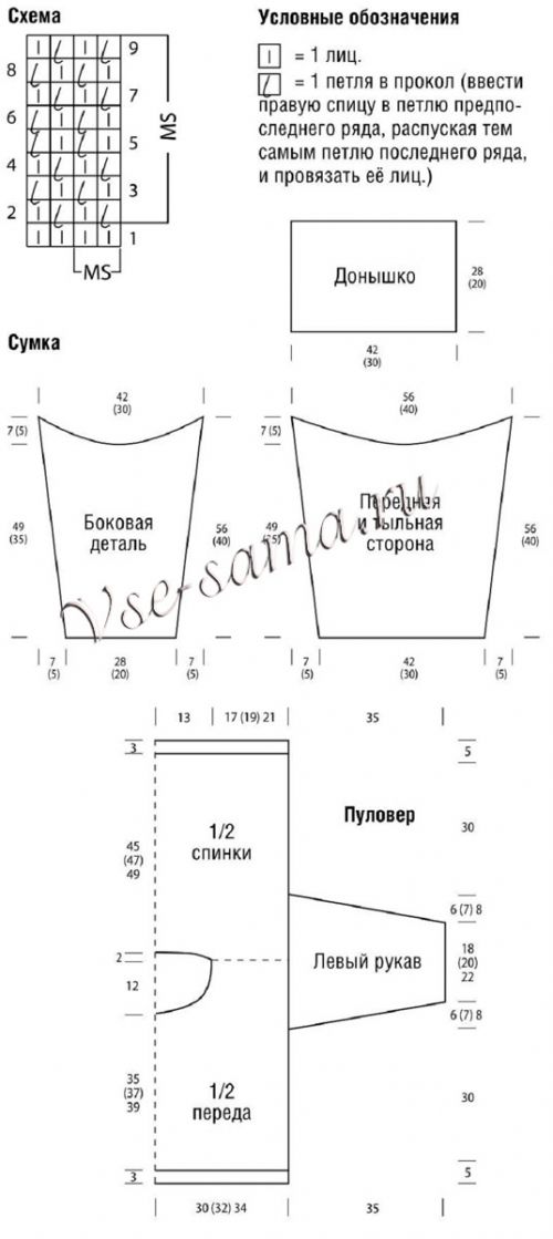 Схема и выкройки для вязания пуловера и сумки