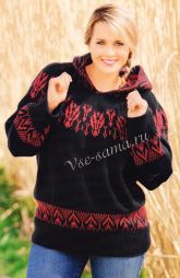 Пуловер спицами с жаккардовым узором и капюшоном, схема