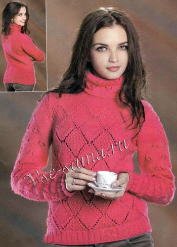 Розовый пуловер спицами, фото