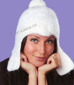 Белая шапка с ушками и помпоном, фото
