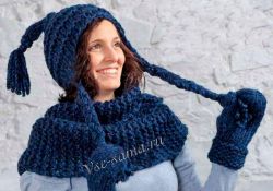 Синий комплект - шапка, шарф, варежки, фото