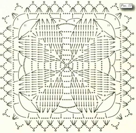 Схема вязания крючком узора квадратный мотив 13