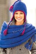 Синие шапка крючком и накидка спицами