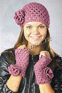 Брусничная шапочка с цветком и митенки