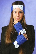 Сине-белый комплект - повязка и митенки