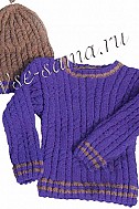 Лиловый пуловер и шапка спицами