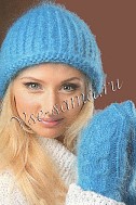 Бирюзовая шапочка спицами и варежки из мохера