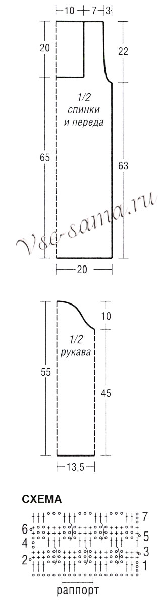 Выкройка и схема для вязания туники из ленточной пряжи