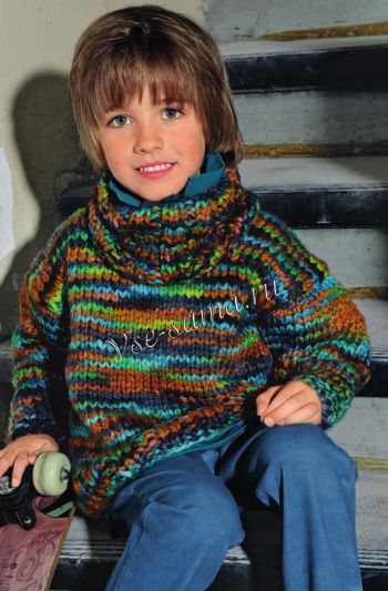 Детский пуловер из бирюзово-зеленой меланжевой пряжи с отдельным воротником, фото