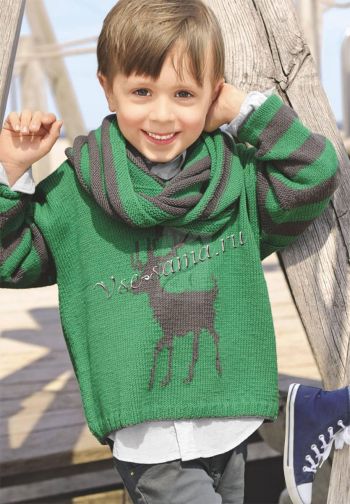 Пуловер с мотивом олень и снуд в коричнево-зеленую полоску, фото