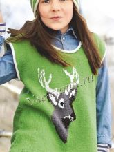 Зеленое платье без рукавов с мотивом олень и шапочка, фото