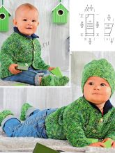 Зеленый меланжевый жакет, носочки и шапочка, связанная крючком, фото