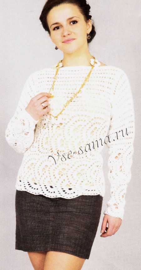 Белый пуловер с элементами ленточного кружева, фото
