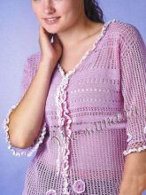 Розовый ажурный жакет крючком из хлопковой пряжи