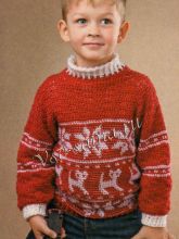 Красный свитер крючком с белым жаккардом