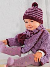 Пуловер, полосатый шарф и шапочка в сиренево-бордовой гамме, фото