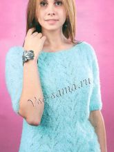 Бирюзовый пуловер с узором из ажурных веточек, фото