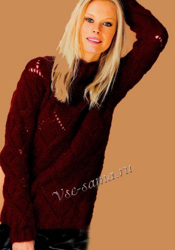 Бордовый ажурный пуловер спицами, фото