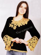 Черный пуловер крючком с красивой отделкой, фото