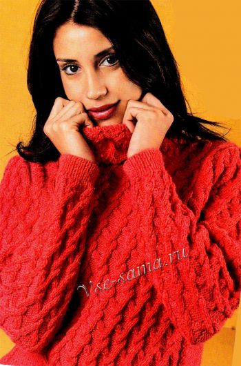 Красный свитер спицами из толстой пряжи, фото