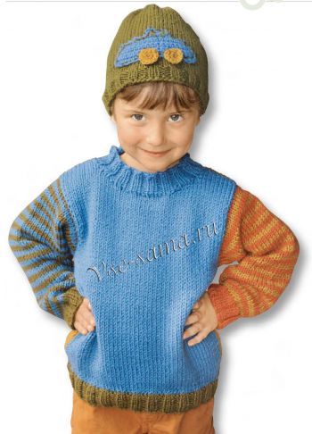 Пуловер с полосатыми рукавами и шапочка, фото