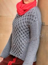 Пуловер спицами с узором из сот, фото