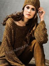 Пуловер цвета охры и шапка, фото