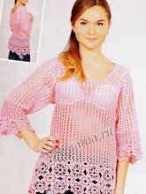 Розовый ажурный пуловер крючком, фото