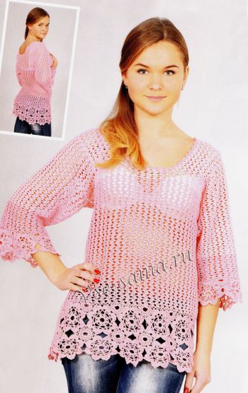 Розовый ажурный пуловер крючком, фото