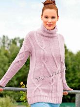 Розовый пуловер с косами спицами, фото