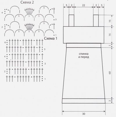 Схема 1-2 и выкройка для вязания сарафана