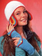 Белая шапочка и бирюзовые митенки, фото