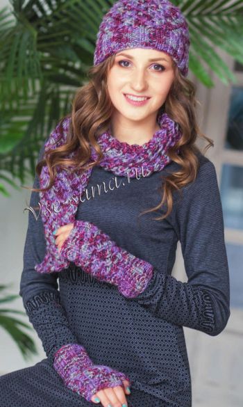Фиолетовый комплект: шапка, шарф, митенки, фото