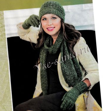 Тёмно-зелёный комплект: шапка, шарф, перчатки, фото