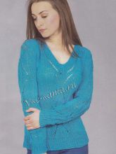 Голубой ажурный пуловер с V-образным воротом, фото