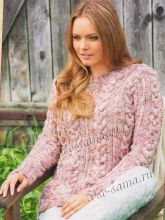 Меланжевый (розовый) пуловер с узором из кос, фото