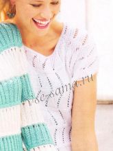 Белый пуловер спицами с короткими рукавами