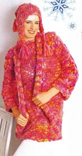 Меланжевое мини-платье с рукавами, шапочка и шарф